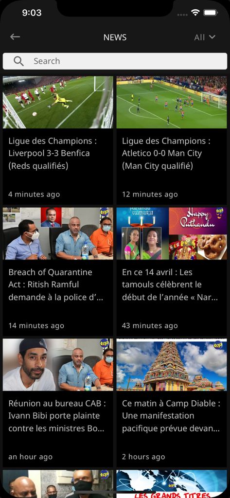 Top Fm Radio - La sezione notizie dell'app Top FM Radio che mostra una griglia di articoli con immagini su sport ed eventi locali.