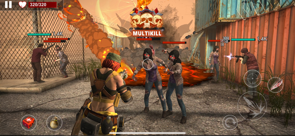 Jugabilidad de shooter en tercera persona de Zombie Hunt mostrando a un personaje luchando contra zombis en un entorno industrial postapocalíptico