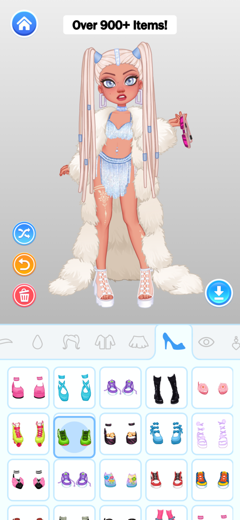 A doll avatar in a white furry coat being customized with various shoe options in the YoYa app interface