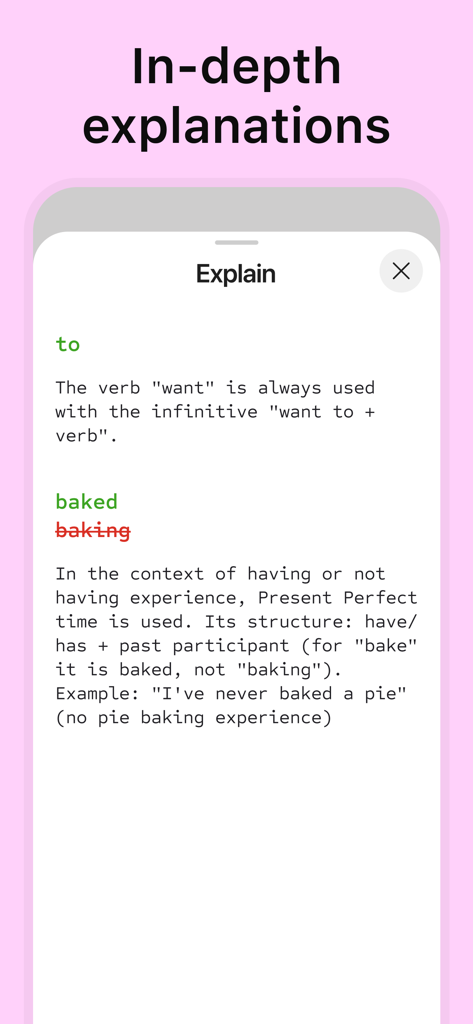 FalaBola: AI Language Learning - FalaBola app interface showing in-depth AI grammar explanations and corrections for verb tenses and usage