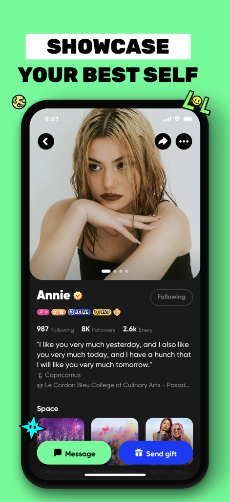 Three - Playhouse for GenZ - Three app enhanced user profile showcasing bio and personality features