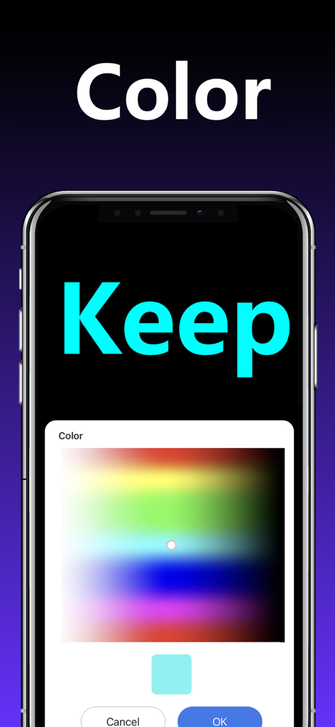 Una interfaz de smartphone que muestra un selector de color de arcoíris utilizado para personalizar texto en un letrero desplazable LED digital