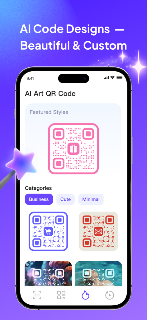 Interfaccia dell'app mobile che mostra design di codici QR personalizzati generati dall'IA in vari stili artistici