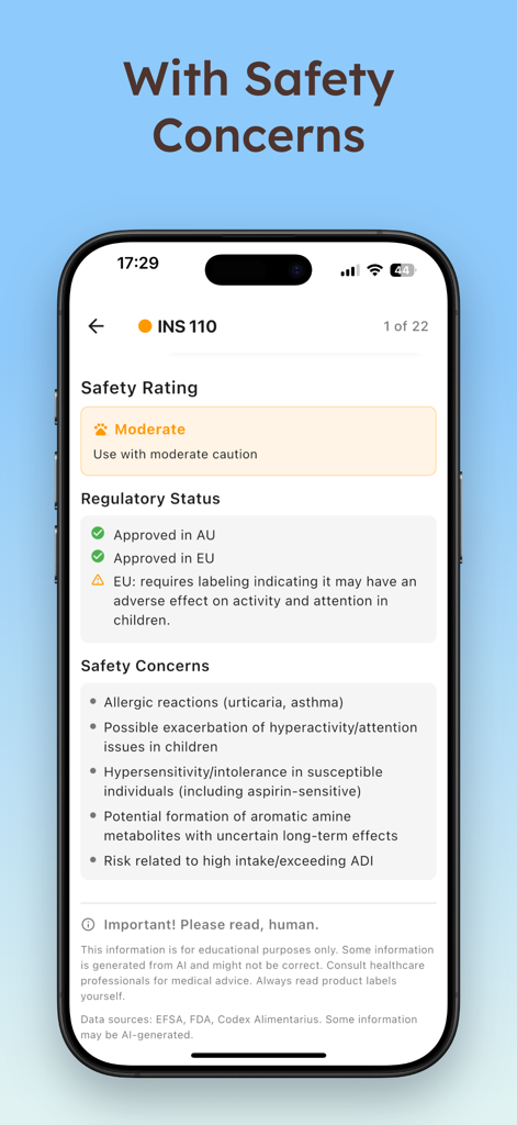 INS Scanner by Miki - Pantalla móvil que muestra las calificaciones de seguridad y las preocupaciones de salud para el aditivo INS 110 en la aplicación INS Scanner
