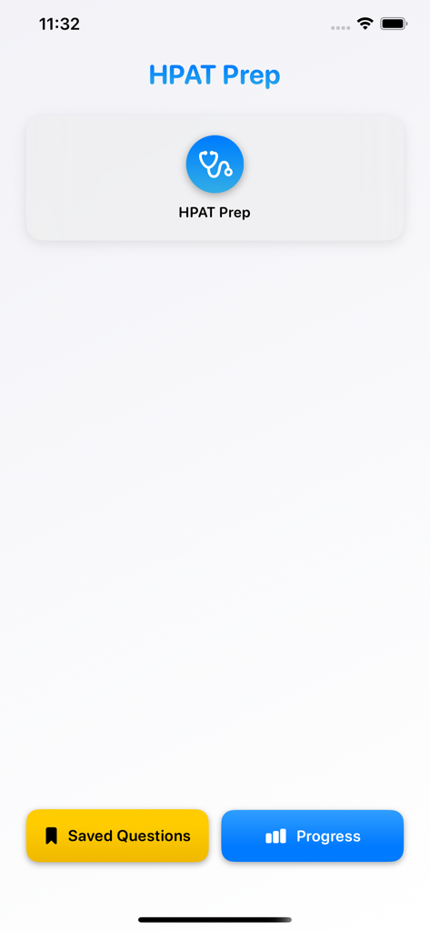 Pantalla de inicio de la aplicación HPAT Exam Prep con botones de navegación para preguntas guardadas y seguimiento del progreso