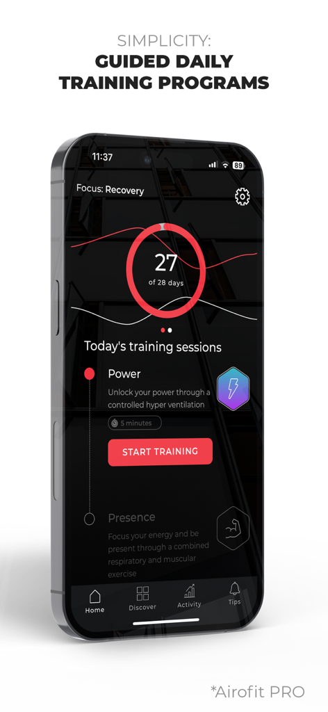 Airofit - Airofit mobile app displaying guided daily breathing training programs and session progress