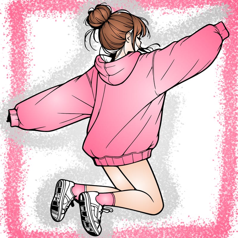 realistic girl jumping with a bun and oversized sweatshirt