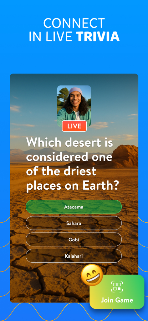Una sesión de trivia en vivo en Trivia Crack Premium mostrando una pregunta de geografía sobre el desierto más seco del mundo con opciones de respuesta múltiple.
