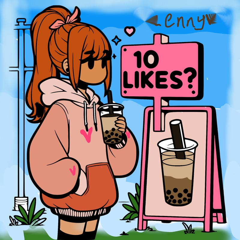 girl with oversized hoodie drinking boba and she has a high ponytail with a sign that says 10likes?