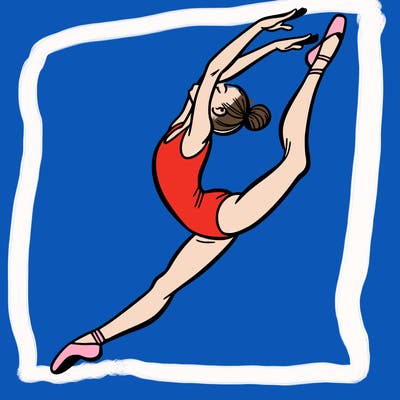 gymnast doing a leap in a leotard with a bent back leg