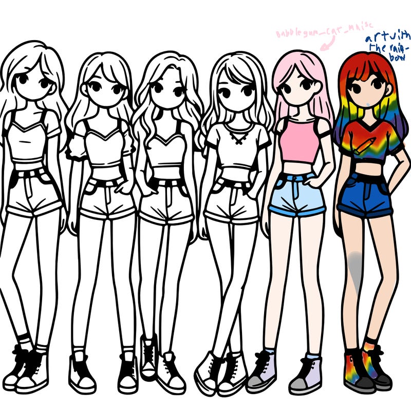 a group of girls wearing crop tops and shorts