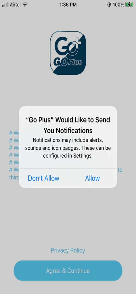 Notification permission request screen for Go Plus VPN app