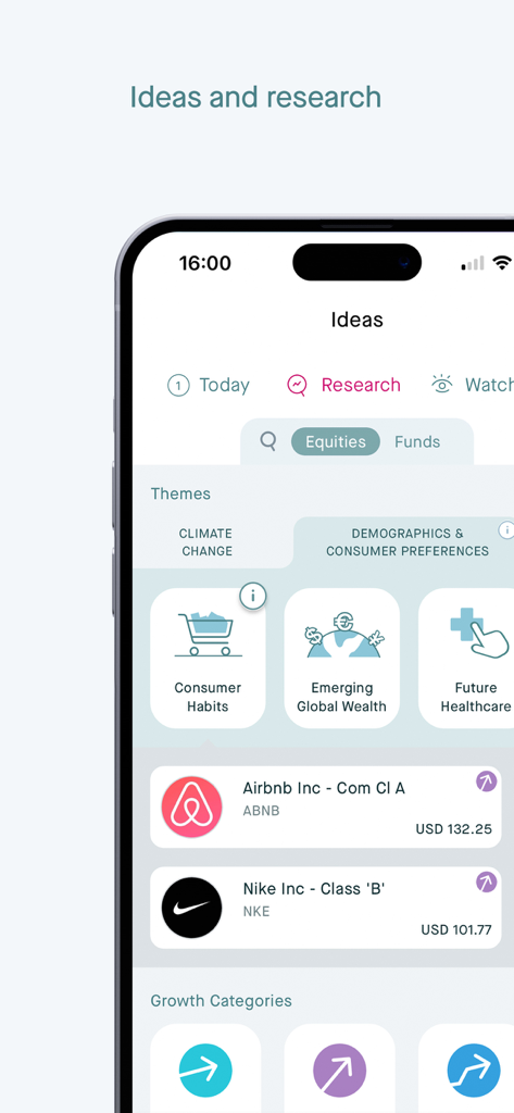Interfaz de la aplicación Killik and Co que muestra ideas de investigación de inversiones y acciones temáticas.