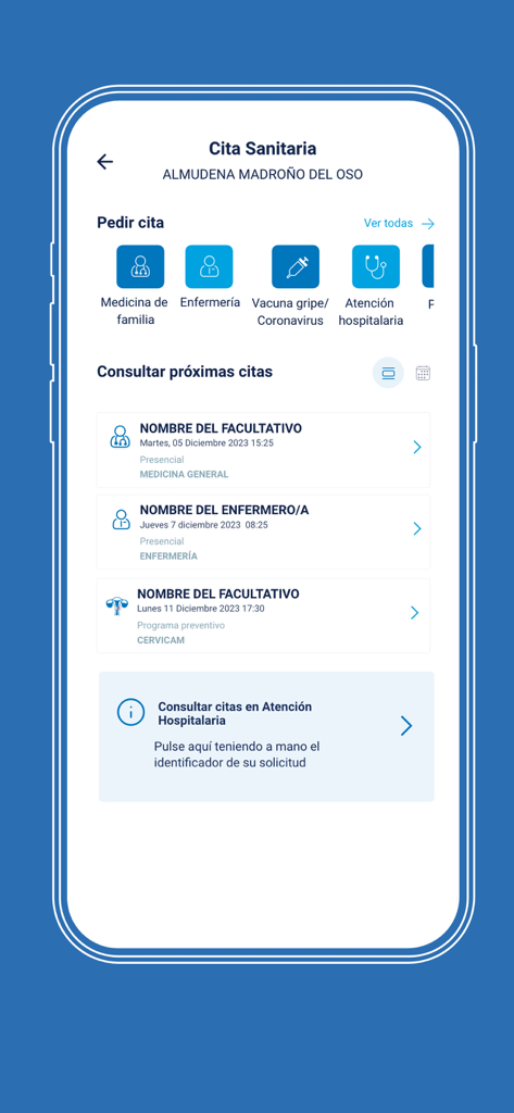 Screenshot of the Tarjeta Sanitaria app showing the appointment management interface with options for family medicine and nursing.