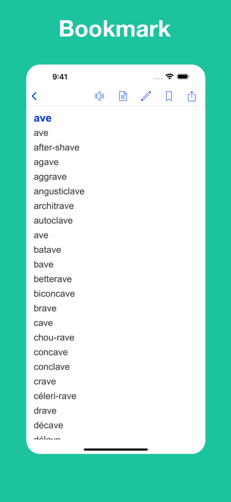 French Rhyme Dictionary - Captura de pantalla de la aplicación Diccionario de Rimas en Francés que muestra una lista de palabras que riman con 'ave' en la sección de marcadores