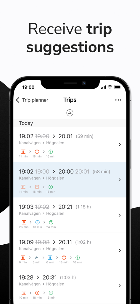 Sthlm Travel app interface showing multiple trip suggestions with departure times and transport modes for Stockholm public transit.