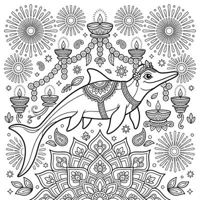 Unleash your creativity with a one-of-a-kind coloring experience, blending ancient marine life with festive traditions. This intricate page features a decorated Californosaurus amidst vibrant Diwali symbols, perfect for a unique celebration.