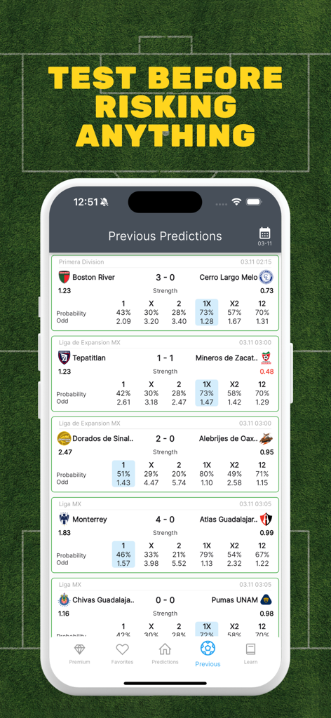 WIN Soccer Betting Tips - 過去のサッカーの試合結果とAI搭載のベッティング予測のリストを表示するWIN サッカーベッティングのヒントアプリのインターフェイス。