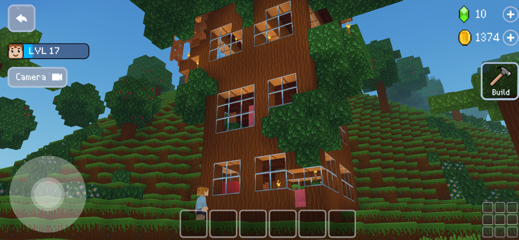 A large custom treehouse built with blocks in a green voxel landscape in Block Craft 3D