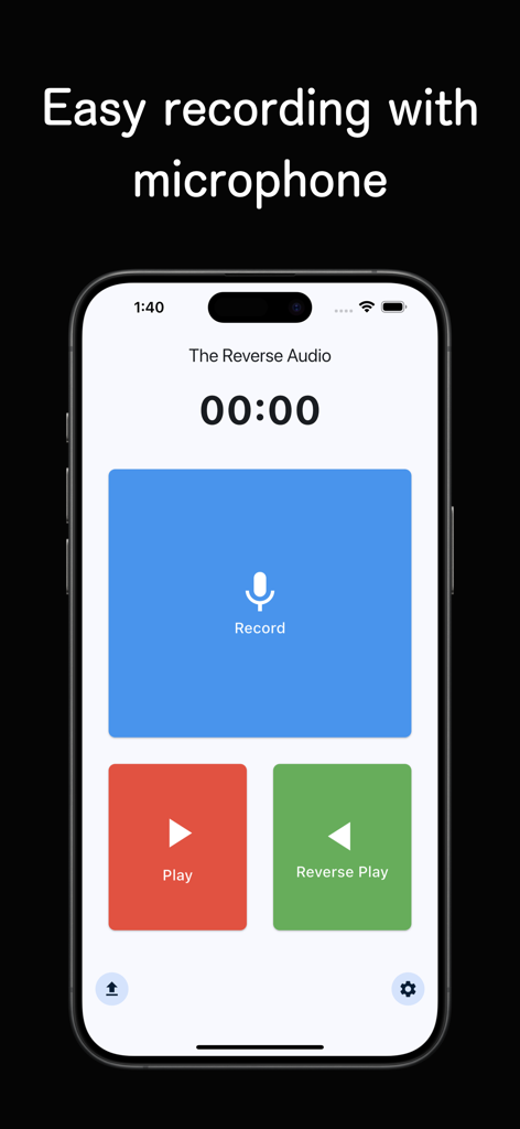 The Reverse Audio mobile app interface showing record play and reverse playback buttons