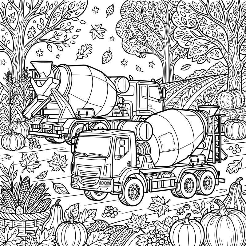 Embark on an exciting coloring adventure with our detailed concrete mixer trucks set in a charming autumn landscape. This unique page combines the power of construction vehicles with the beauty of fall harvest, perfect for enthusiasts of all ages.