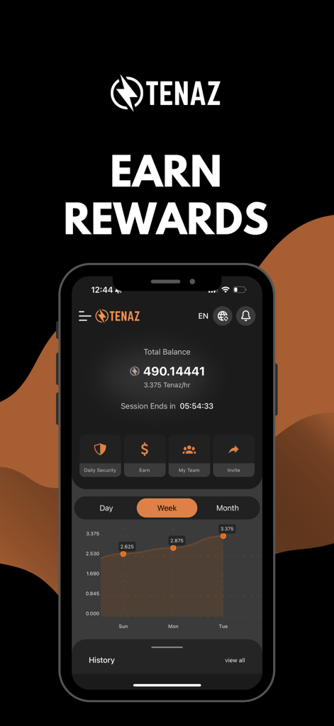 Tenaz - Tenazアプリのダッシュボード画面、合計残高と報酬収益グラフが表示されている