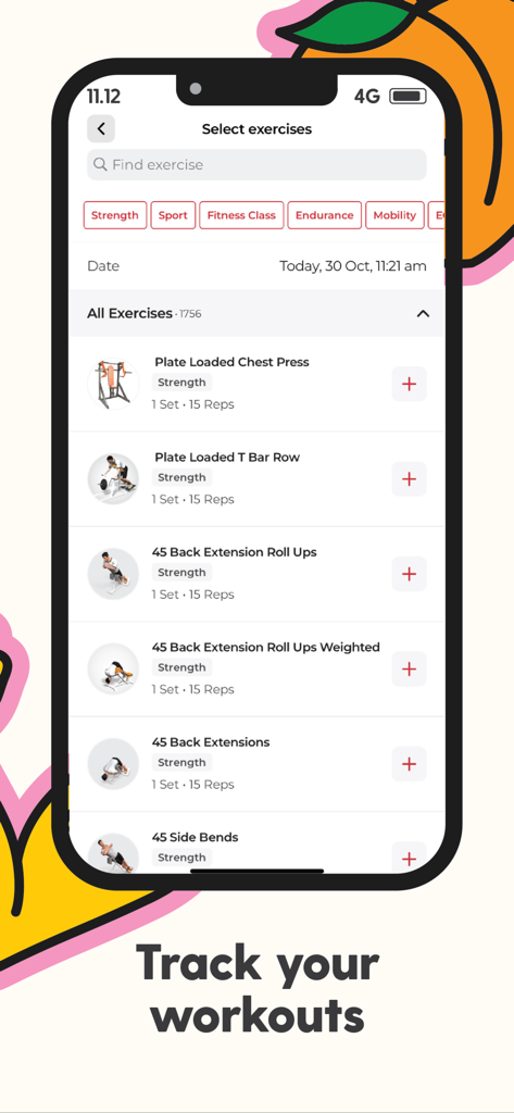 A mobile screen from the Revo Fitness app showing a list of strength exercises like chest press and t bar row for workout tracking.