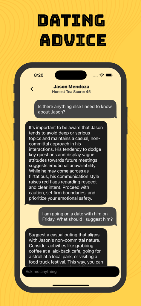 AI dating advice interface in the Honest Tea app displaying red flag analysis and match evaluation for a dating profile.
