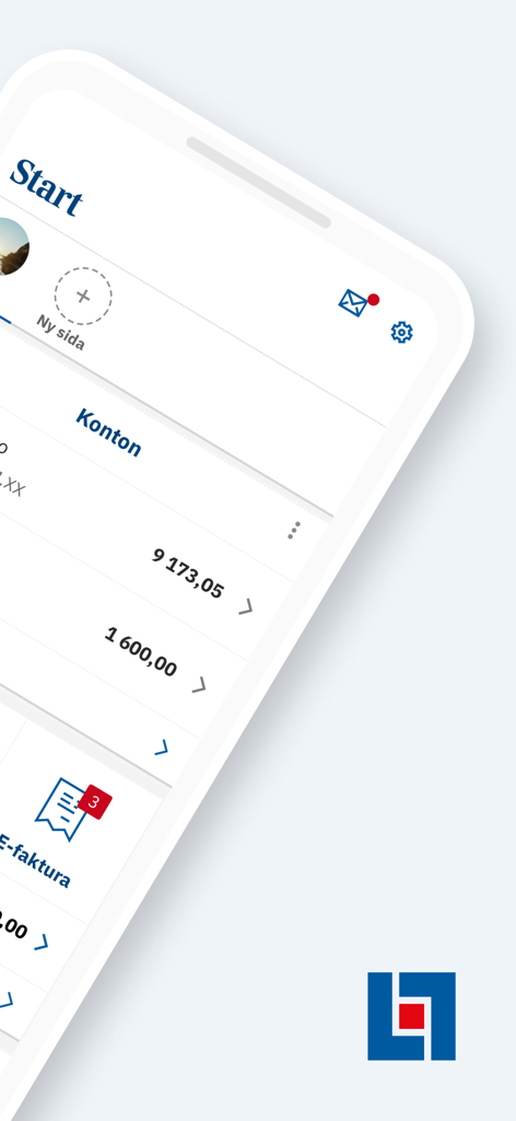Panel de la aplicación bancaria Lansforsakringar que muestra saldos de cuenta y notificaciones de facturas electrónicas en una pantalla de iPhone.