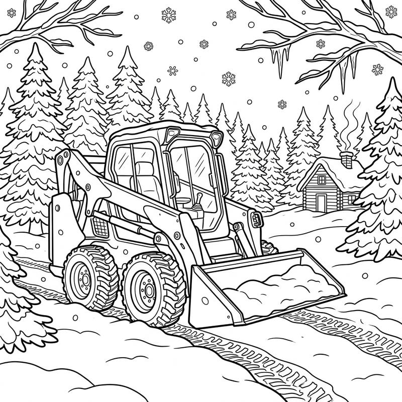Get ready to color a bustling winter scene featuring a powerful skid steer loader tackling the snow. This engaging page brings together the excitement of machinery with the serene beauty of a snowy landscape.