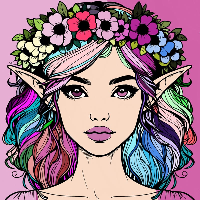 realistic female elf with flower crown
