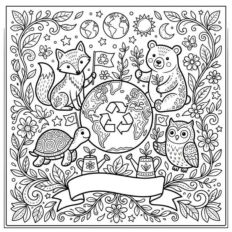 Discover a delightful Earth Day coloring page featuring an array of charming animal figurines promoting environmental care. This intricate design is packed with global themes and recycling symbols, offering a meaningful and engaging artistic activity for all ages.
