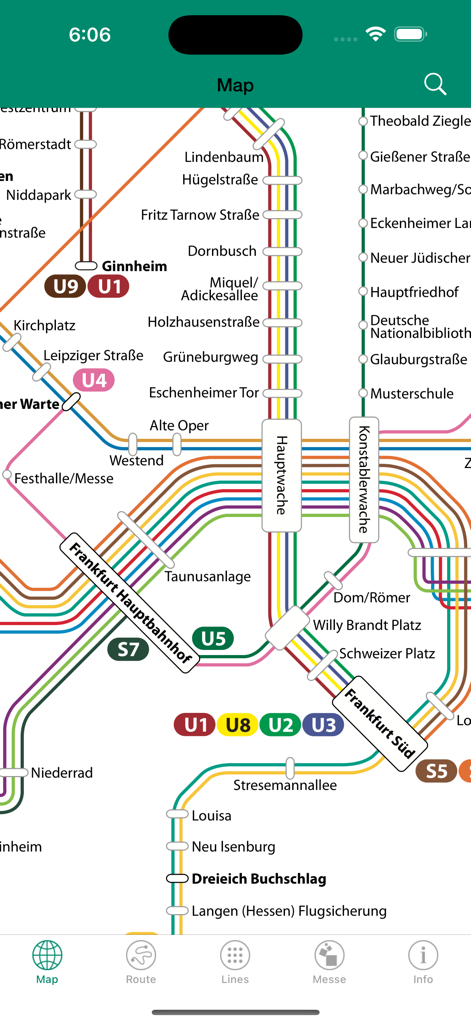 Vista del mapa de la red de metro S-Bahn y U-Bahn de Frankfurt