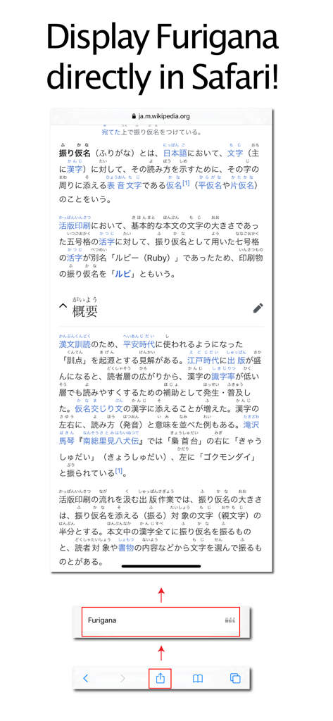 Simple Furigana - Simple Furigana app extension adding phonetic readings to Kanji on a Japanese website in the Safari browser