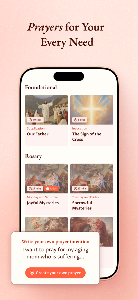 Grace: Catholic Companion - Pantalla de la aplicación Grace Catholic que muestra oraciones fundamentales, misterios del Rosario y una función para crear intenciones de oración personalizadas con IA.