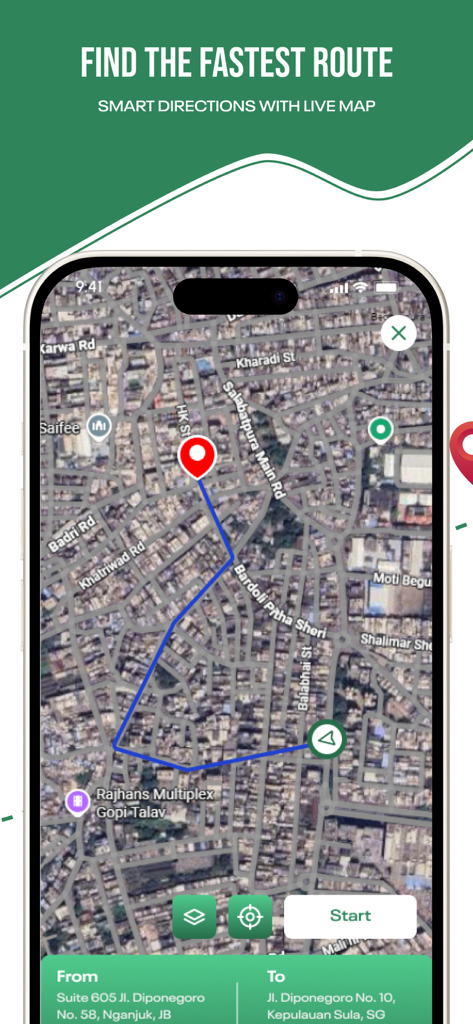 Earth Maps 3D: Live Satellite - Earth Maps 3D interface showing the fastest route with smart directions on a live satellite map
