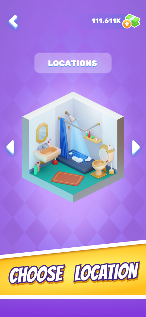 Menu screen for choosing a game location featuring an isometric 3D bathroom.