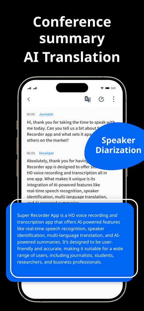 Voice Recorder + Voice Memos - Interfaz de aplicación móvil mostrando transcripción con IA, diarización de hablantes y resumen de conferencias.