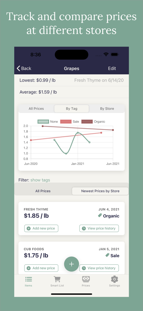 PricedLess - PricedLess의 모바일 앱 인터페이스로 포도의 이력 가격 차트 및 매장 비교 표시
