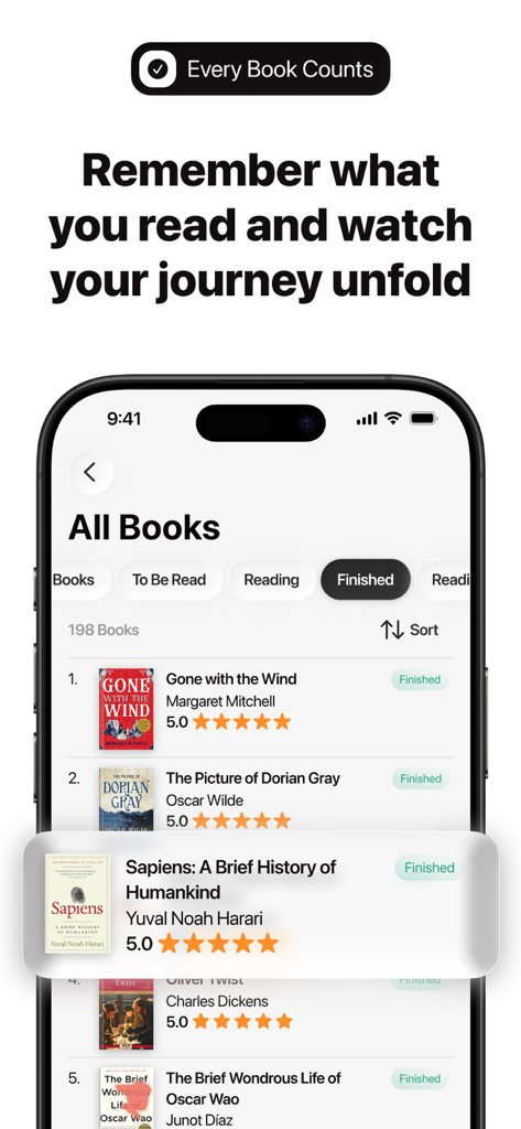 Library of me | Book tracker - Library of me app screen showing a curated list of finished books with star ratings and covers.
