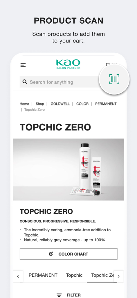 Kao Salon Alliance online shop - Uma tela de celular do aplicativo Kao Salon Alliance exibindo uma funcionalidade de escaneamento de produto para coloração de cabelo Goldwell.