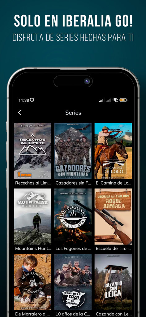 Interfaz de la app Iberalia GO mostrando una cuadrícula de series documentales de caza y pesca como Montaña Hunter y Recechos al Límite.