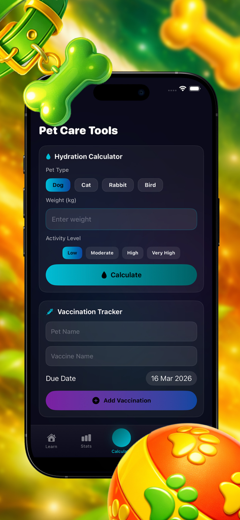 PetRoad-knowledge - Pet Care Tools screen showing a hydration calculator for dogs and a vaccination tracker within the PetRoad-knowledge app.