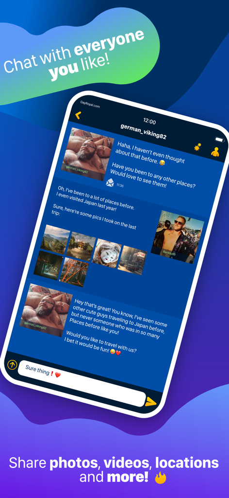 GayRoyal App-Chat-Bildschirm, der Benutzerinteraktion und Medi sharing zeigt