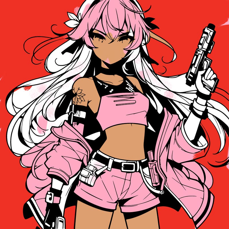 bad girl wearing crop top holding a gun long hair anime