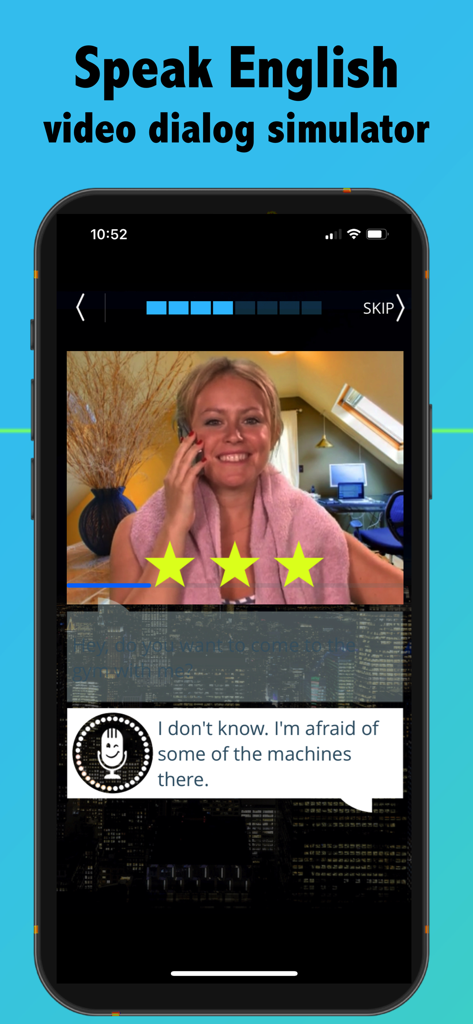 SpeakingPal Speak English - Mobile app interface showing a video conversation practice for learning English with speech recognition feedback