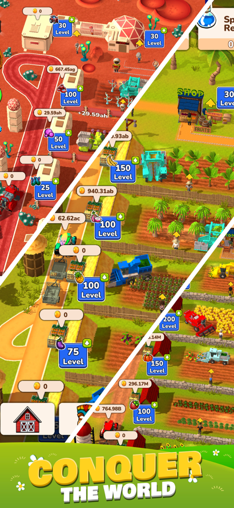 Gameplay screenshot showing various farm environments and level upgrades with the text Conquer the World