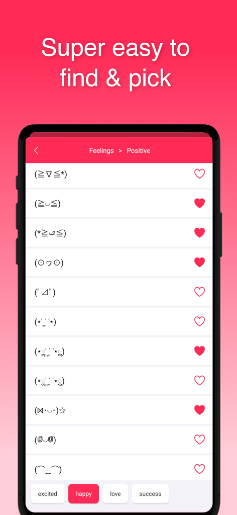 Kaomoji Emoticon - A list of positive text emojis and kaomojis within the app interface showing easy selection options.