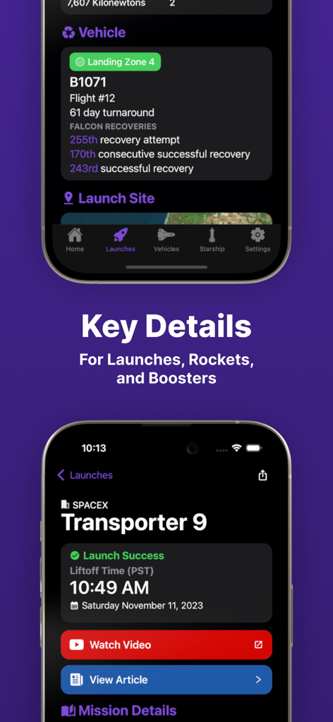 Next Spaceflight mobile app screens displaying detailed SpaceX mission information and rocket booster recovery statistics.