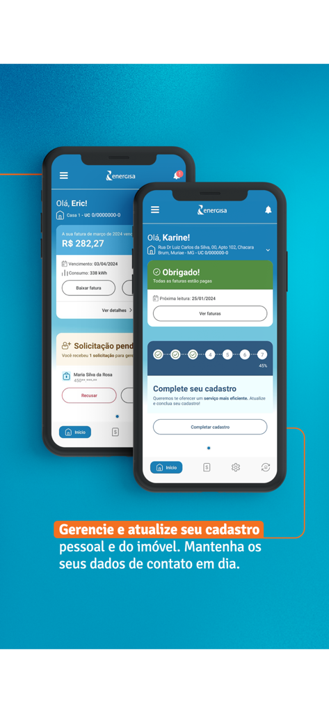 Dois smartphones exibindo a interface do aplicativo Energisa On para gerenciar contas de eletricidade e registro pessoal.